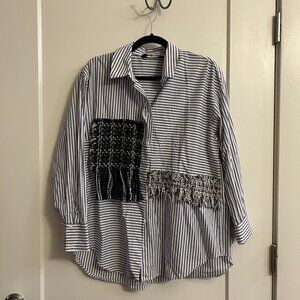 Zara Blue and White Striped Button Down with Tweed Details